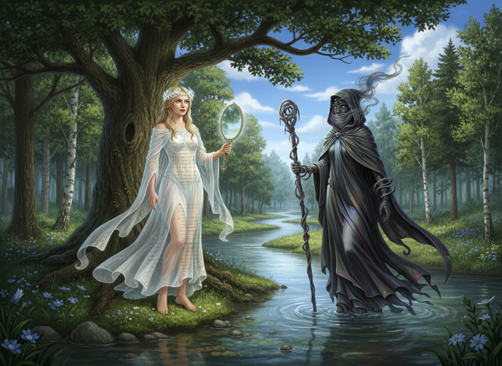 Firefly_GeminiFlash_crear dos pesonajes ficticios, el primero es la verdad y el segundo es la mentira, ce 315084