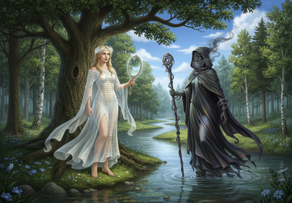 Firefly_GeminiFlash_crear dos pesonajes ficticios, el primero es la verdad y el segundo es la mentira, ce 315084